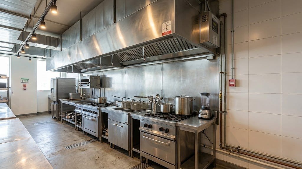 Commercial kitchen fire suppression system installed under a stainless steel hood
