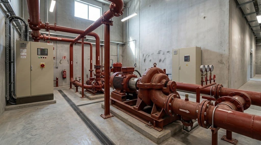 Fire pump room with main fire pump, jockey pump, controller, and red piping