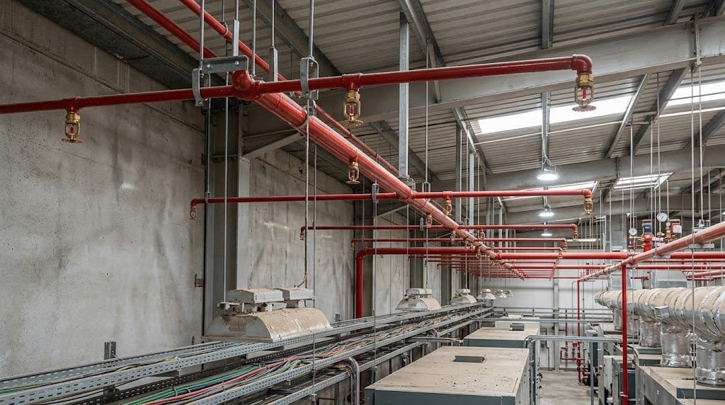 Automatic fire sprinkler system installed on a commercial building ceiling