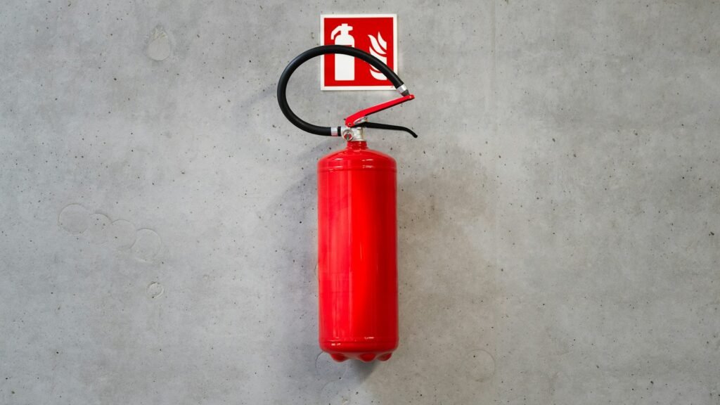 طفاية حريق على جدار خرساني مع لافتتها | Fire extinguisher on a concrete wall with its sign