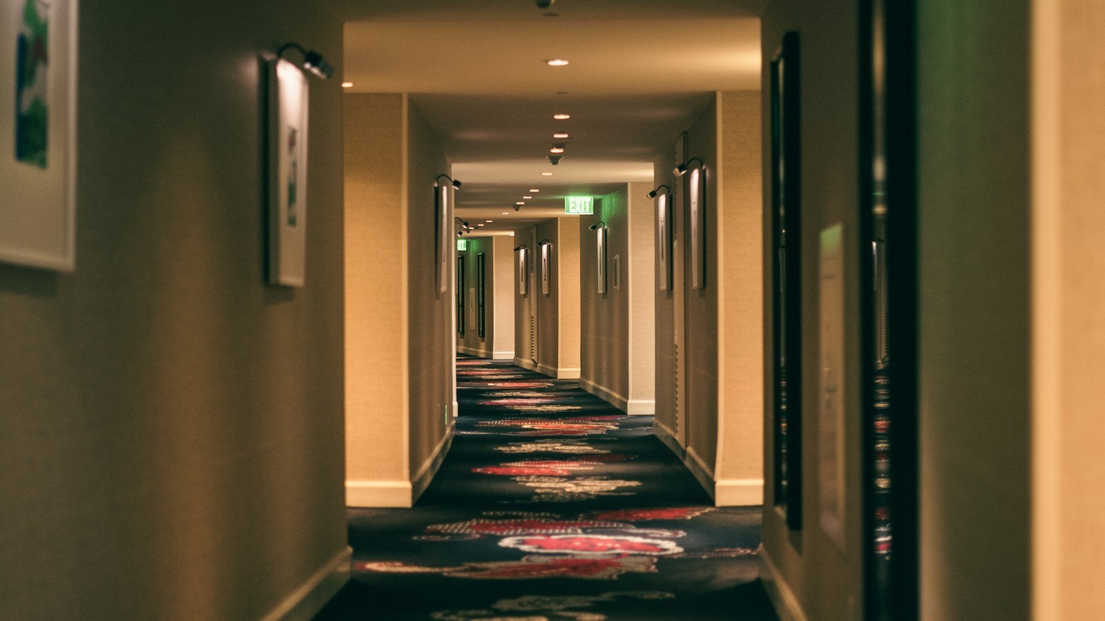 ممر فندقي ولافتة مخرج | Hotel corridor with an exit sign